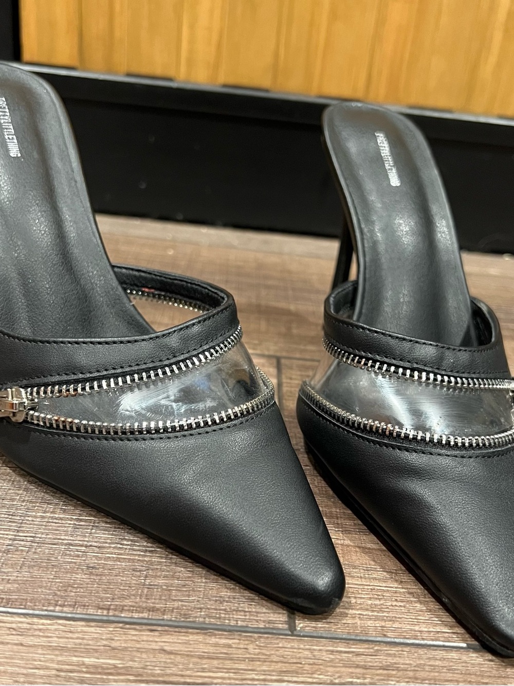 PrettyLittleThing Black Pointed Mule Heels with Clear Trim